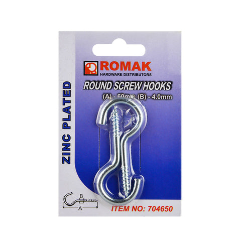 Round Screw Hook 60mm Zinc 2pk