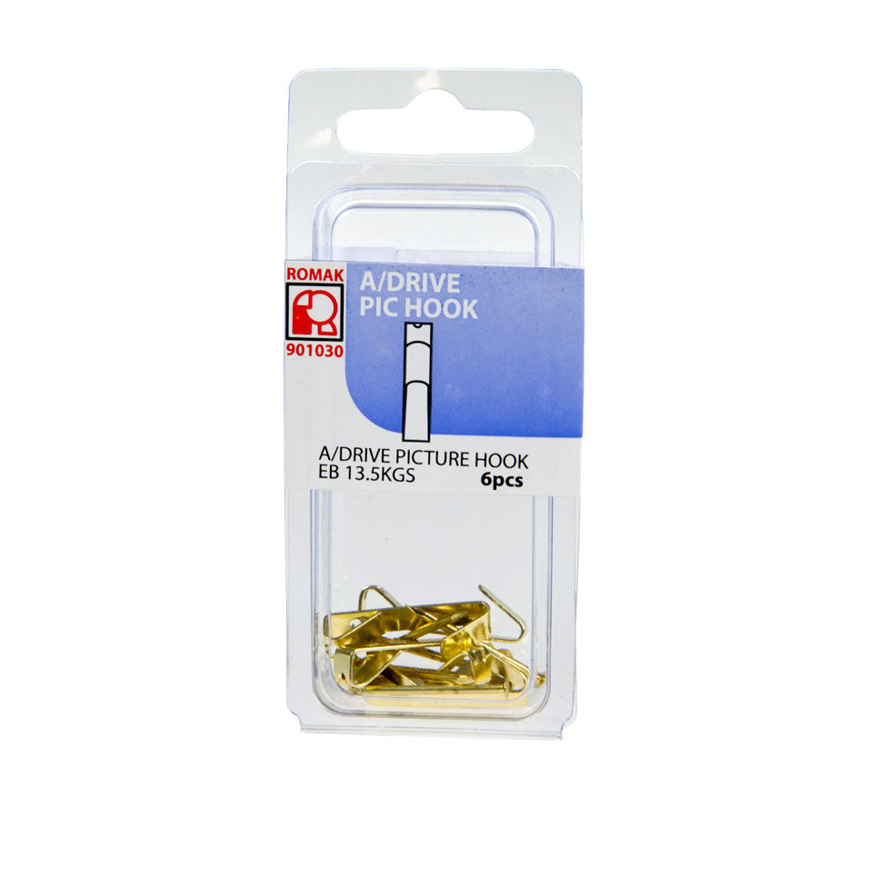 Single Angle Drive Picture Hook 25mm Brass 6pk