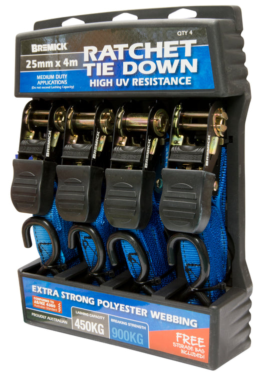 Ratchet Tie Down 25mm x 4m 4pk